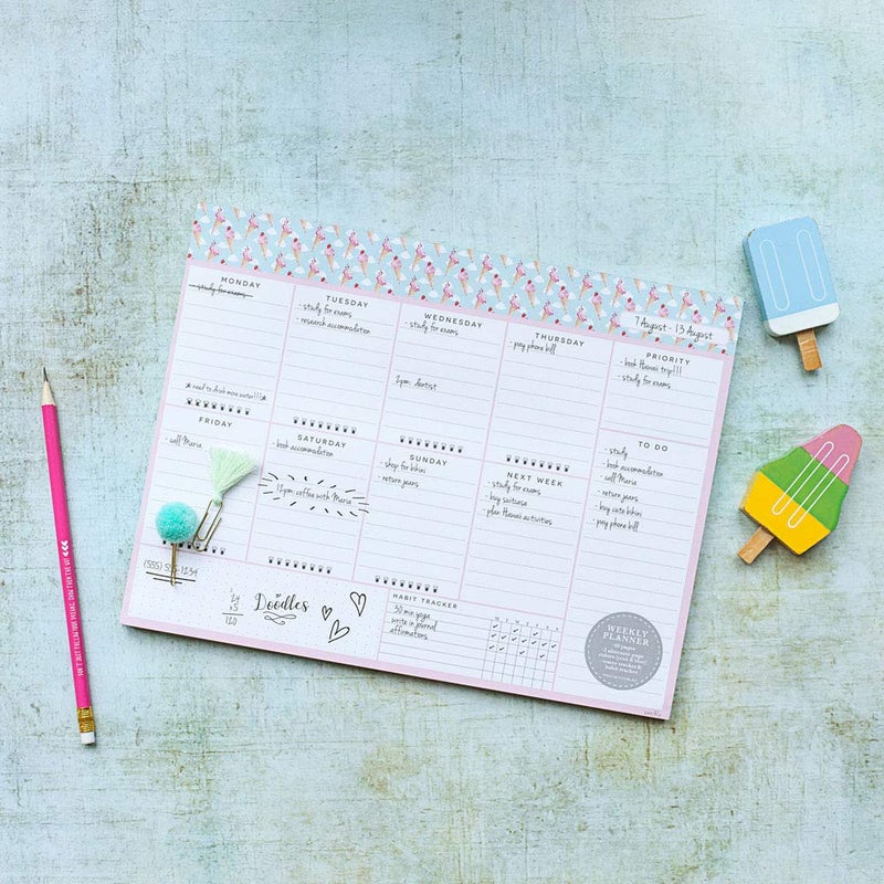 Peachly Undated Desk Planner Pad - 52 Pages Weekly Notepad with To Do List and Habit Tracker | Weekly Desk Pad Tear Off for Organization (Ice Cream) - Image 2